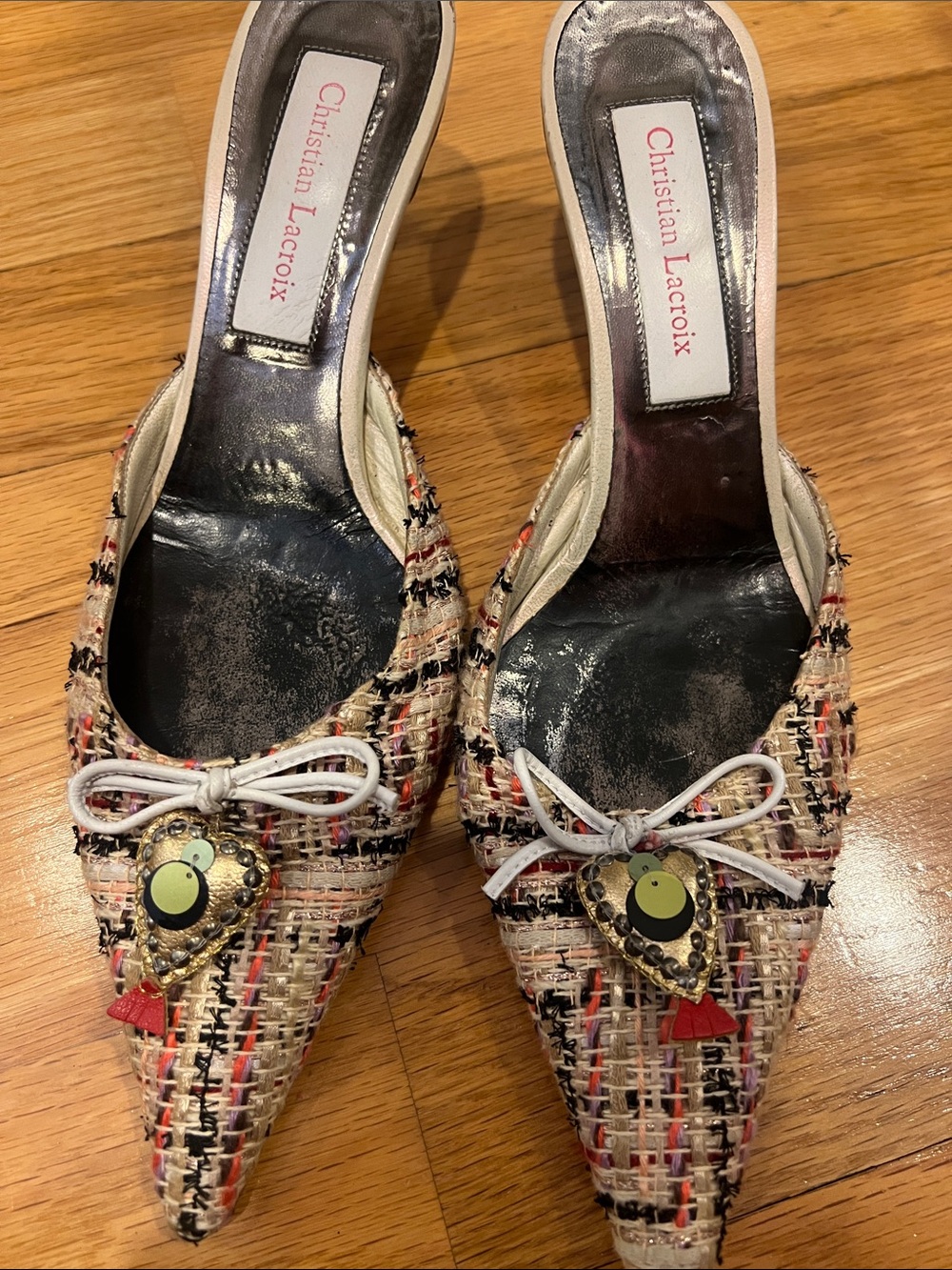 Christian Lacroix Multicolor Tweed Pointed-Toe Mules with Heart Charms